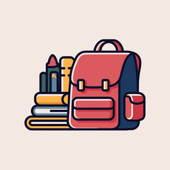 Fototapeta premium A vibrant red backpack surrounded by colorful school supplies including books, pencils, and a ruler, ideal for students starting a new term.