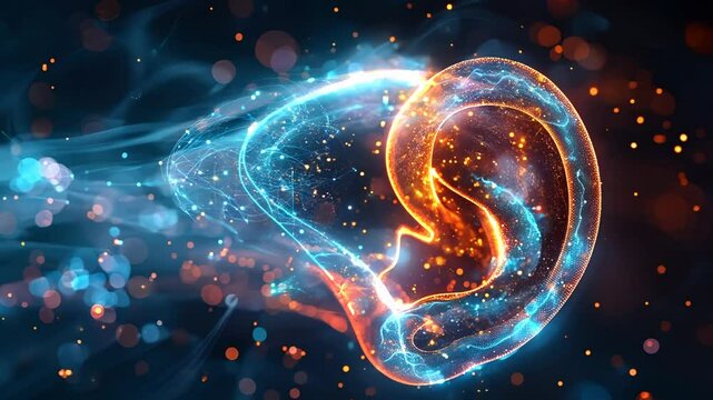 Abstract animation of a glowing ear with sound waves.