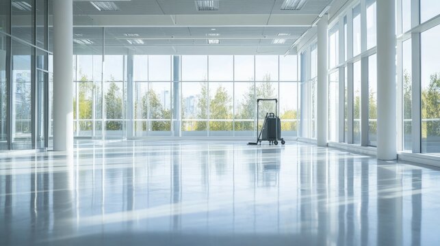 A professional cleaning team mopping and vacuuming the floors of a spacious, empty office with large windows