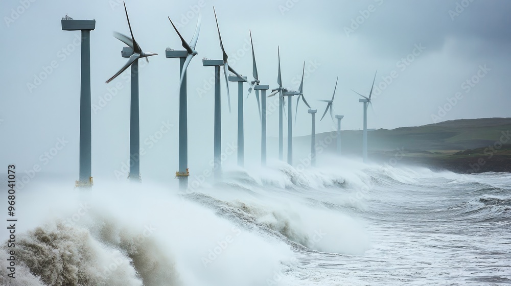 Poster a row of wind turbines in a coastal area, generating electricity with ocean waves in the background 