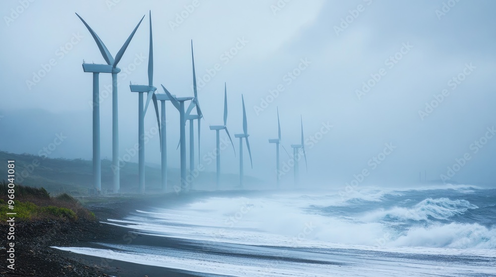 Poster a row of wind turbines in a coastal area, generating electricity with ocean waves in the background 