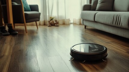 A robot vacuum cleaner avoiding obstacles like chairs and shoes while cleaning a living room floor