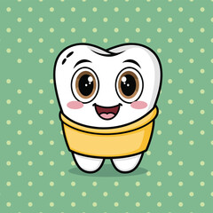 Fototapeta premium A cheerful cartoon tooth character with big brown eyes, wearing a yellow shirt, set against a green polka dot background.
