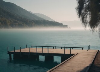 Obraz premium A Beautiful Serene Lake View Featuring a Wooden Pier Set Within a Misty Landscape Scene