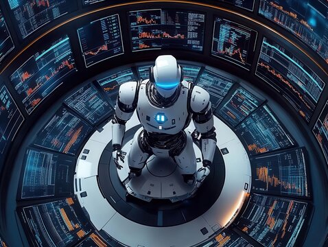 A humanoid robot sits in a futuristic control room surrounded by screens displaying data and charts.