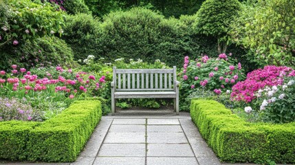 Obraz premium A serene garden with a classic stone bench, surrounded by manicured hedges and blooming flowers