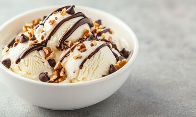 Delicious Ice Cream Dessert Topped With Chocolate, Nuts, and Chips Served in a Bowl