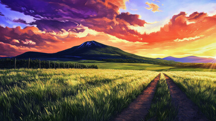 The sun was setting, painting the sky with vibrant colors.  A mountain cast a long shadow across a lush green field.
