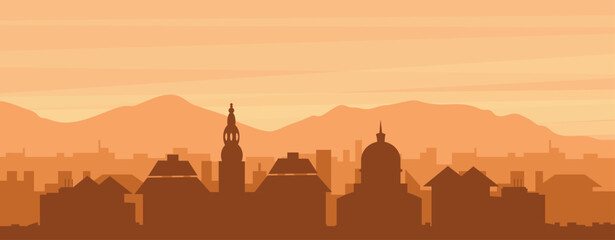 Brown panoramic poster of the city skyline with misty background buildings, sunrise, clouds and mountains of COPENHAGEN, DENMARK