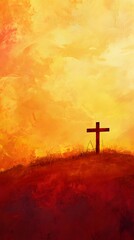 Obraz premium A digital painting of an Easter scene with the silhouette of crosses on top of small hills, against a backdrop of golden and pink sky, symbolizing Jesus' triumph over death