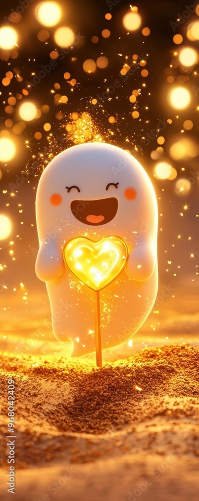 Poster a cheerful ghost character holds a glowing heart in a warm, magical setting filled with sparkling li