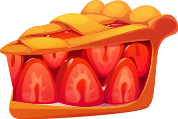 Cartoon slice of strawberry pie, confectionery and sweets pastry features a flaky, golden lattice crust filled with fresh, juicy strawberries mixed with a sweet glaze. Vector refreshing summer dessert