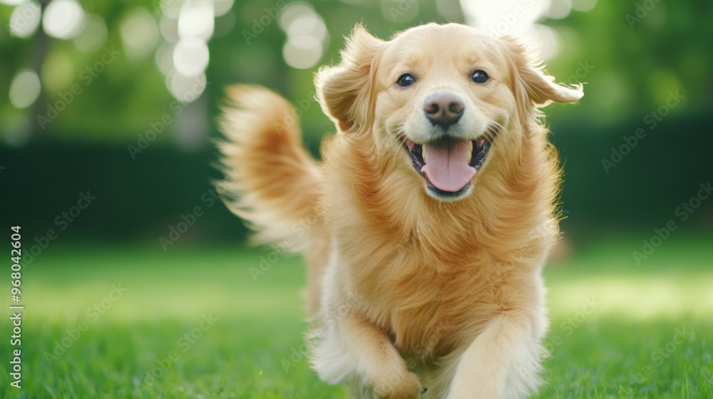 Poster a dog running in a field with grass and trees behind him, ai