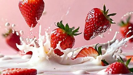 Strawberry fruits falling on a liquid milk