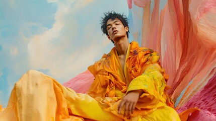 Fototapeta premium A young man in a yellow and orange patterned robe against a colorful, abstract background.