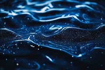 dark blue liquid like surface with glitter in waves flat abstract background banner with copy space, festive mysterious elegant backdrop
