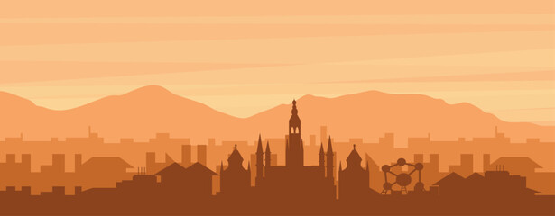 Naklejka premium Brown panoramic poster of the city skyline with misty background buildings, sunrise, clouds and mountains of BRUSSELS, BELGIUM