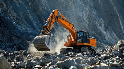 Backhoe for construction contracting business. Engineering. excavation of rocks, scooping up rocks.