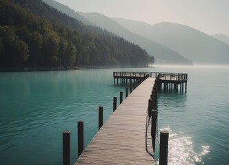 A Beautiful Serene Lake View Featuring a Wooden Pier Set Within a Misty Landscape Scene