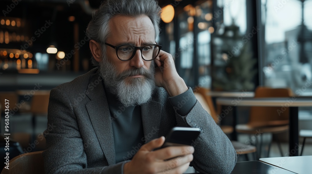 Poster a man with glasses sits in a café, using a smartphone while appearing focused and thoughtful in a mo