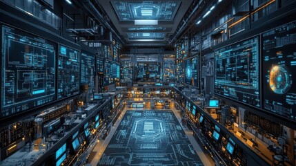 Fototapeta premium Futuristic control room with many screens displaying data and information.