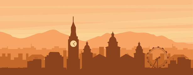 Naklejka premium Brown panoramic poster of the city skyline with misty background buildings, sunrise, clouds and mountains of BELFAST, UNITED KINGDOM