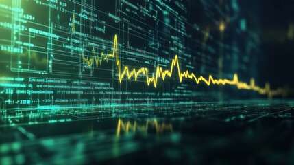 Abstract digital graphic with yellow line and green code on black background