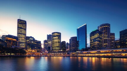 Naklejka premium A wide horizontal shot of a modern city skyline at dusk, with illuminated buildings and a clear evening sky