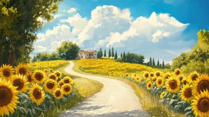 A winding country road lined with sunflowers and trees, leading towards a distant farmhouse under a sunny sky