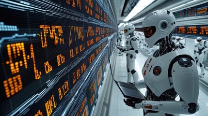 Humanoid robots work in a futuristic data center, analyzing information.