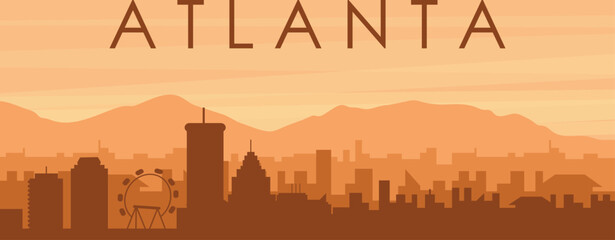 Brown panoramic poster of the city skyline with misty background buildings, sunrise, clouds and mountains of ATLANTA, UNITED STATES