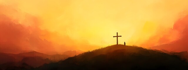 Obraz premium A digital painting of an Easter scene with the silhouette of crosses on top of small hills, against a backdrop of golden and pink sky, symbolizing Jesus' triumph over death