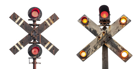 set of a railroad crossing sign with a crossbuck and lights on a transparent background