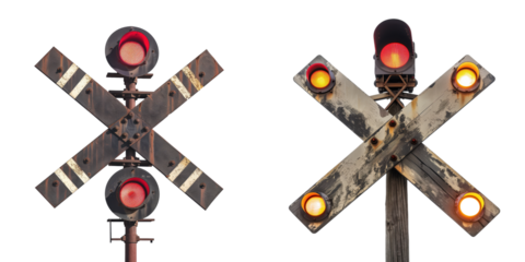 set of a railroad crossing sign with a crossbuck and lights on a transparent background