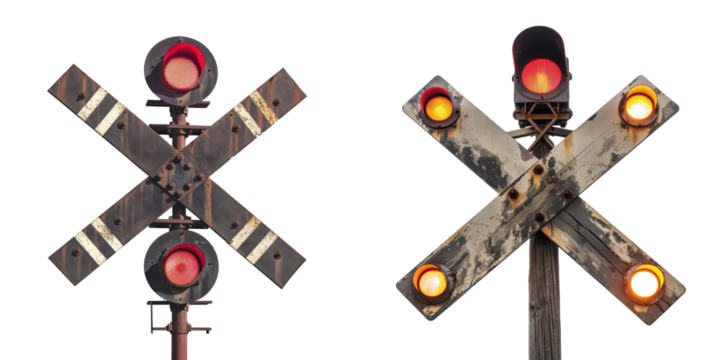 set of a railroad crossing sign with a crossbuck and lights on a transparent background