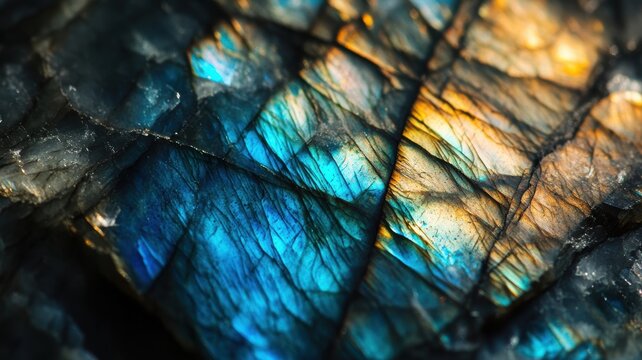 Close-up of labradorite stone with rich blue and gold iridescent patterns.