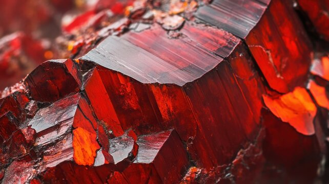 Close-up of cinnabar crystal revealing its intense red color and intricate geometric formations