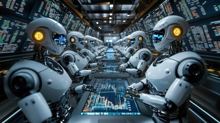 A team of futuristic robots working in a modern office setting.