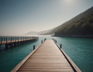 Fototapeta premium A Beautiful Serene Lake View Featuring a Wooden Pier Set Within a Misty Landscape Scene