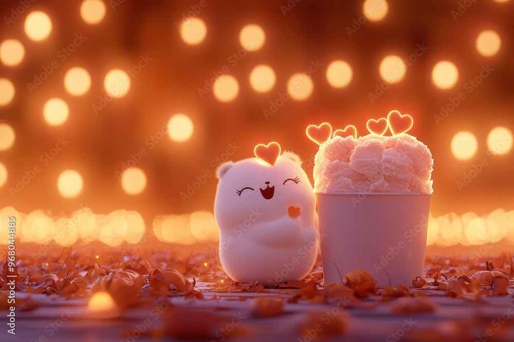 Poster cute character with a joyful expression beside a delicious dessert, creating a warm and cheerful atm