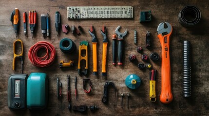 An electrician's toolkit with various tools for electrical work, laid out on a wooden table