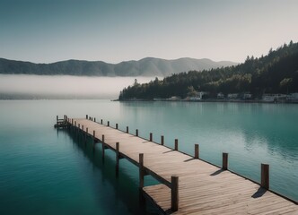 Naklejka premium A Beautiful Serene Lake View Featuring a Wooden Pier Set Within a Misty Landscape Scene