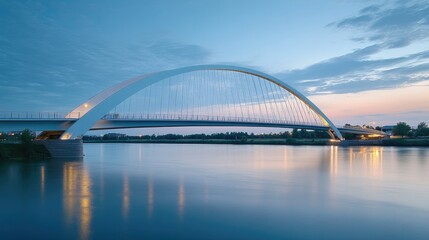 Naklejka premium An elegant, modern bridge arching over a calm river, illuminated by soft lighting in the evening