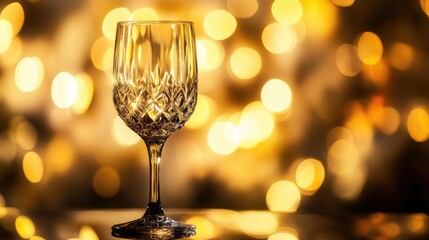 An elegant crystal wine glass on a reflective surface with a blurred golden light background, creating a festive feel
