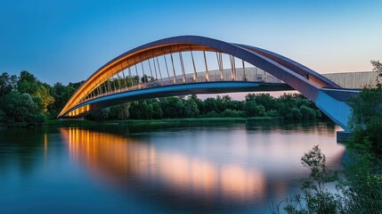 Fototapeta premium An elegant, modern bridge arching over a calm river, illuminated by soft lighting in the evening