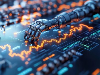 Abstract futuristic gears on a digital screen with stock market data.