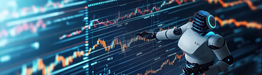 Fototapeta premium Robot analyzing stock market data with a futuristic background.