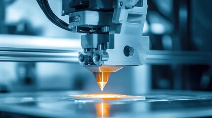 Close-up of a 3D printer creating a complex prototype, with visible layers and mechanical components