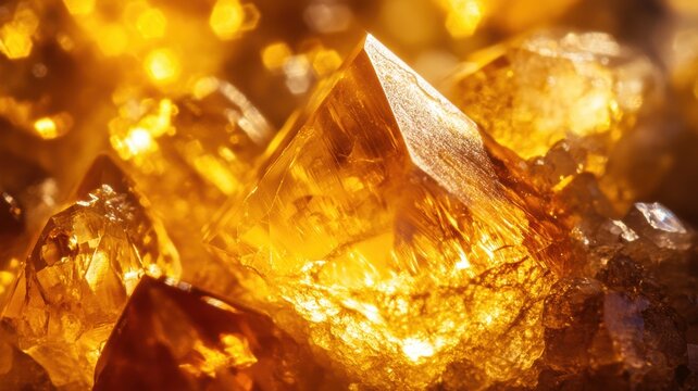 Extreme close-up of a polished topaz gemstone, highlighting its vibrant golden-yellow hues with intricate crystal formations and light reflections.