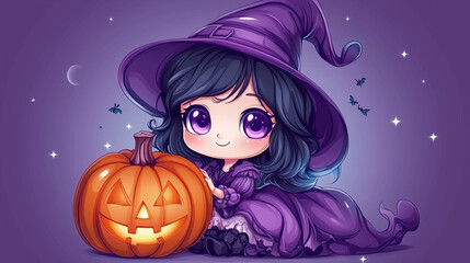 Cute Little Cartoon Chibi Witch Holding a Halloween Pumpkin, Adorable and Playful Festive Design